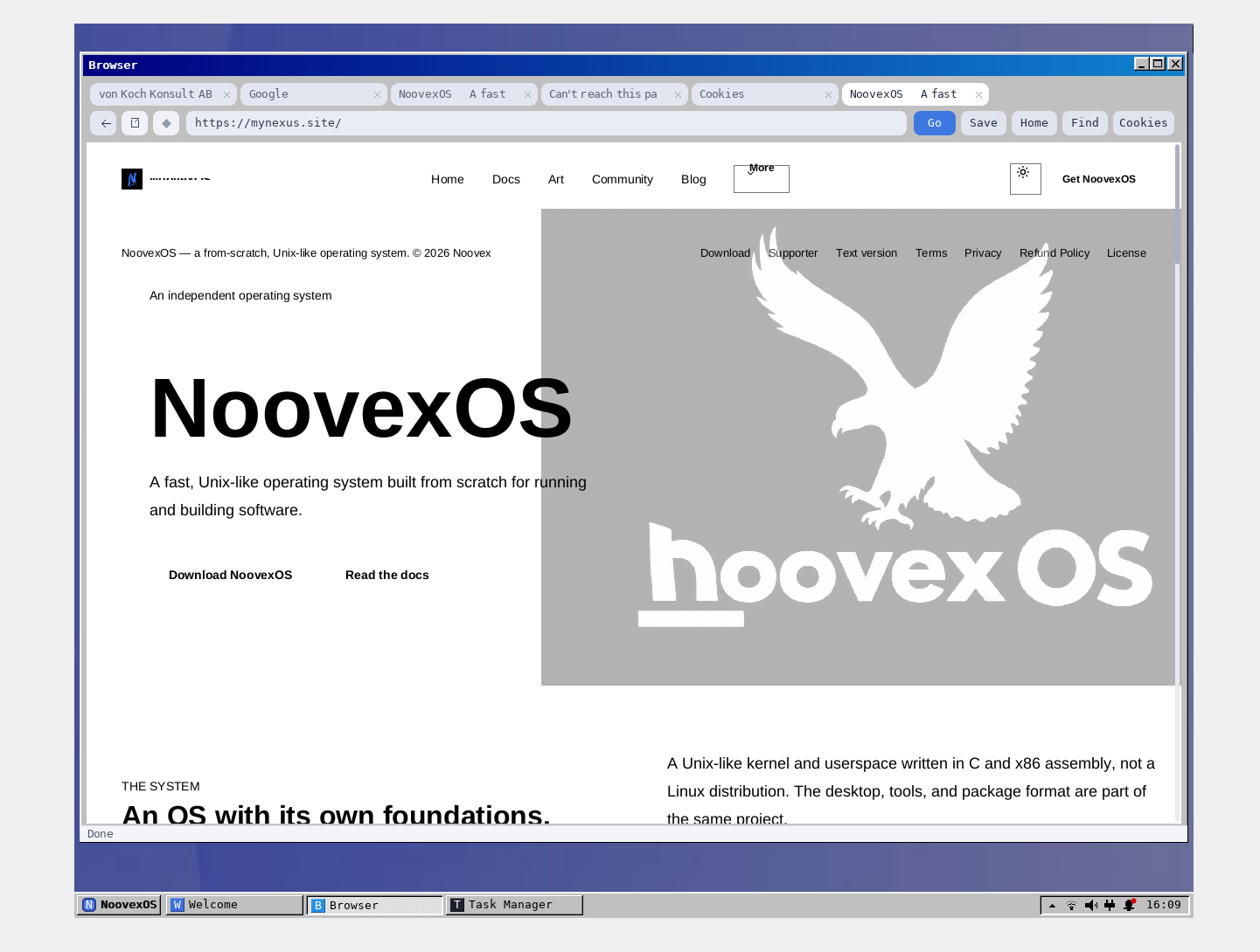 The NoovexOS website rendered in the NoovexOS browser
