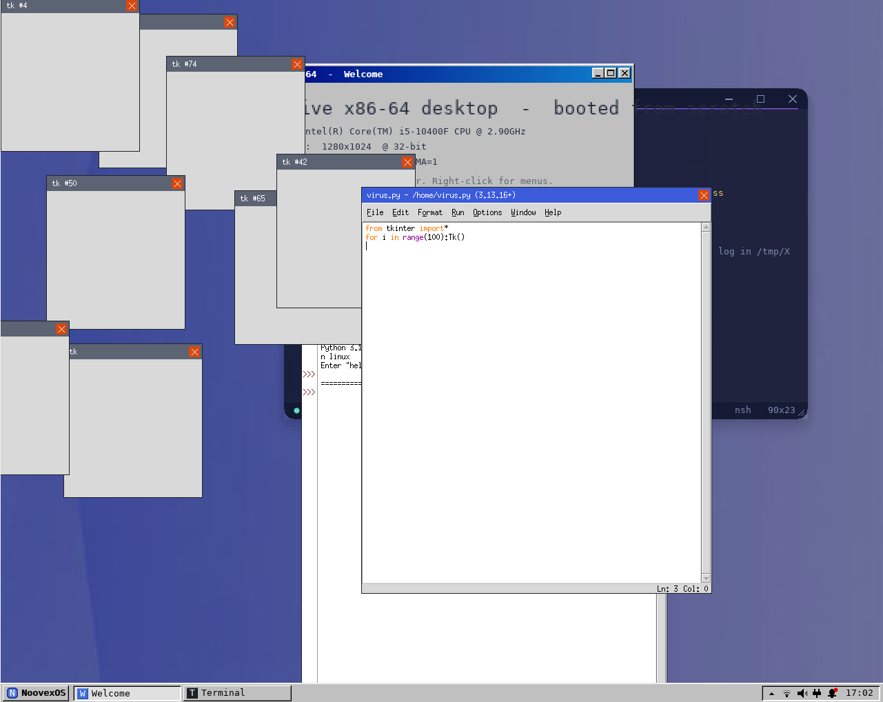 Python IDLE and multiple Tkinter windows running on the NoovexOS 64 desktop
